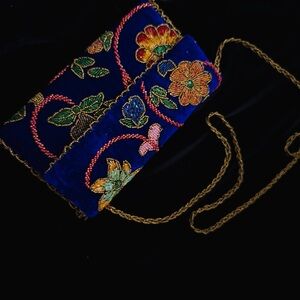 Floral handmade Embroidered Blue velvet Clutch